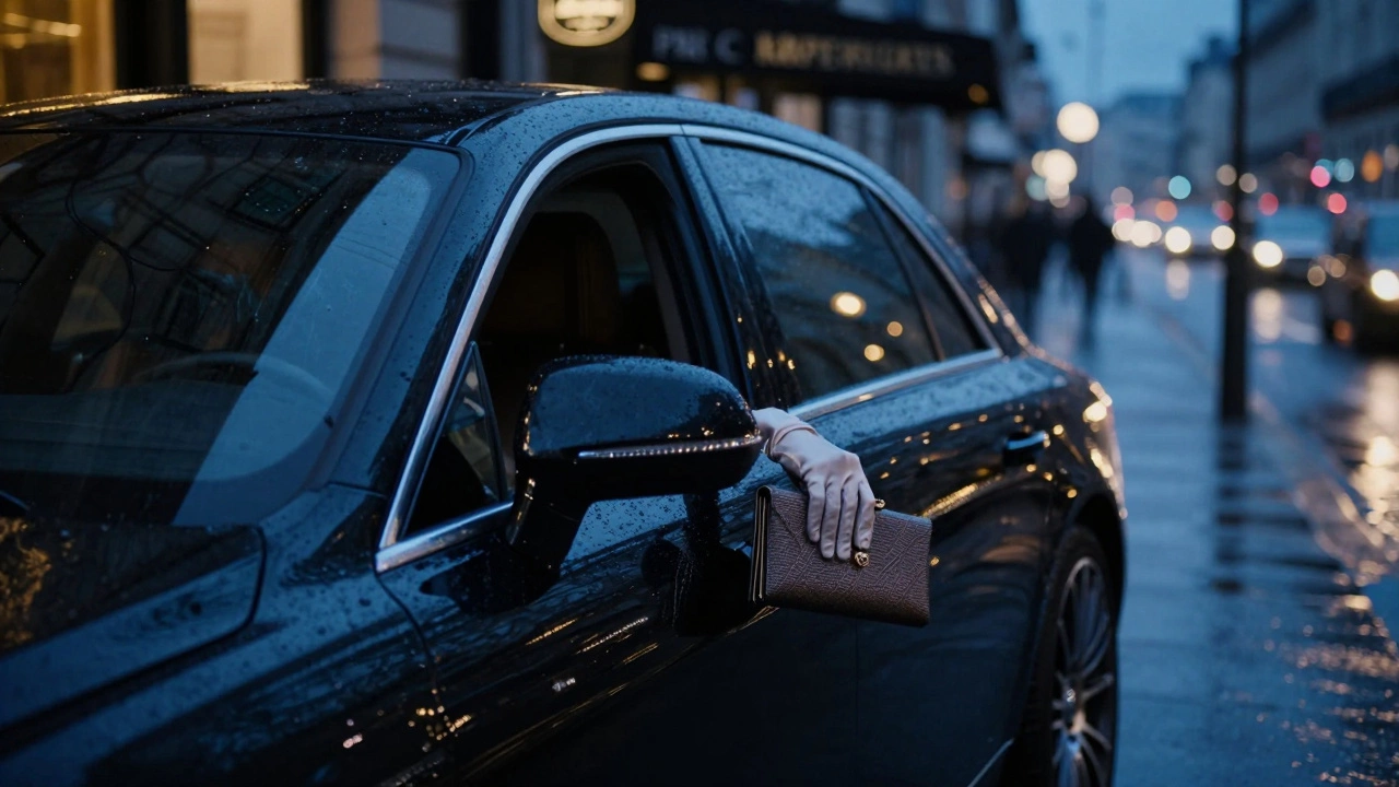 A luxury car waiting outside a fine dining restaurant in Paris at night, a gloved hand visible through the door.