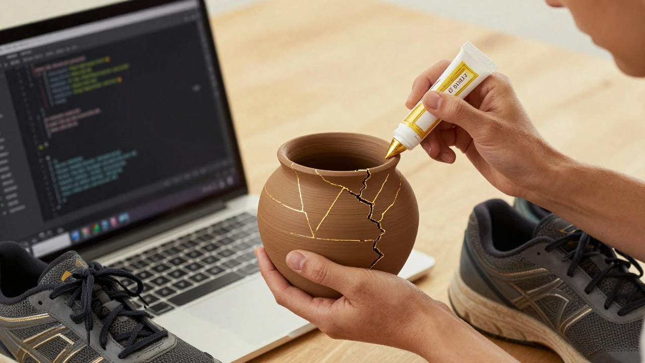A repaired clay pot with gold seams beside a laptop and shoes, symbolizing multiple life roles.