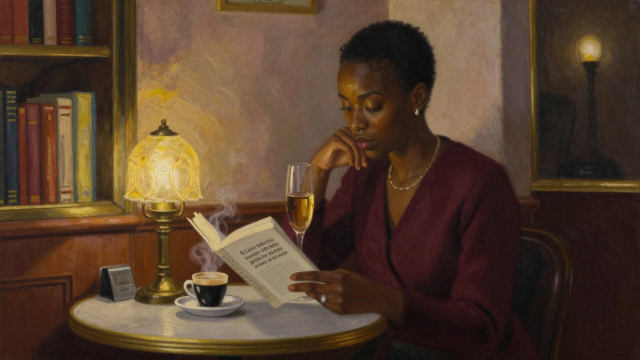 A woman in a Parisian café reading a French novel, bathed in warm lamplight with champagne nearby.