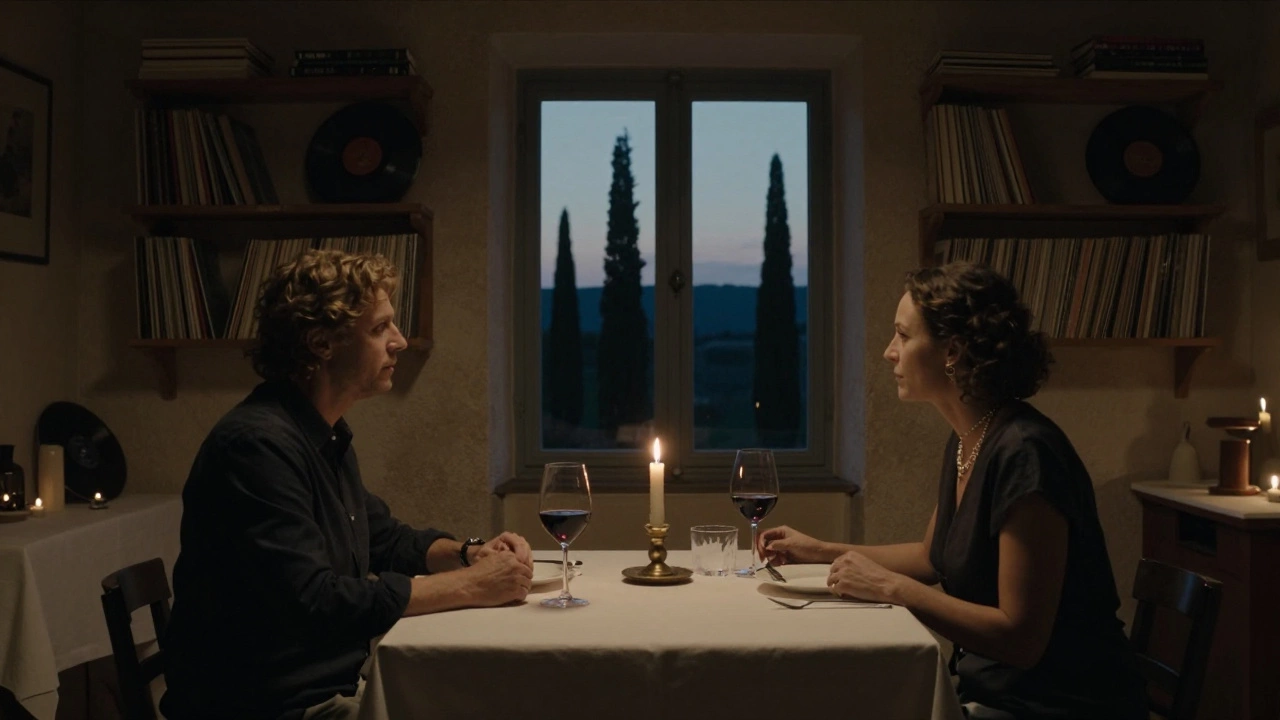 An elegant dinner at a hidden villa with candlelight, art books, and wine.