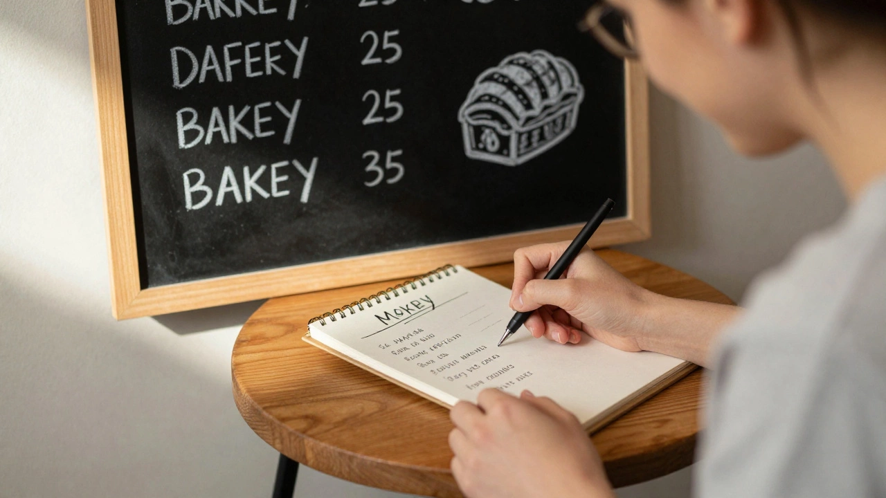 Someone drawing a bakery menu with a smile, natural light highlighting their focused hands.
